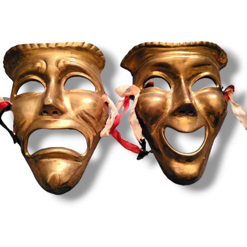 Vintage Brass Comedy & Tragedy Wall Masks, Theatre Decor, Set of 2